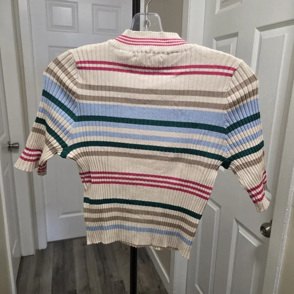 ONLY Striped Ribbed Knit Short Sleeve Top Multicolor Slim Fit Stretch Casual NWT - Picture 8 of 10